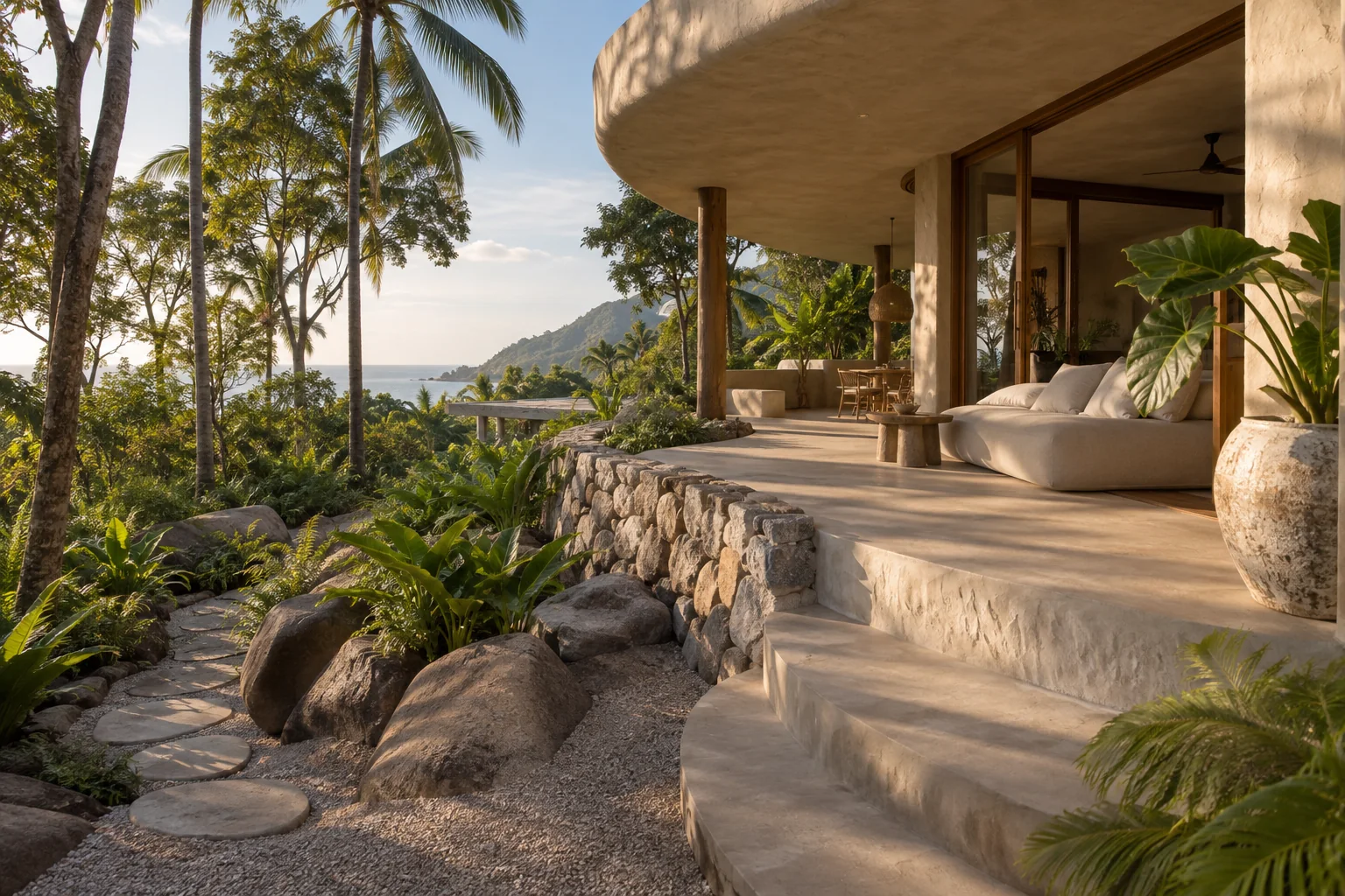 An original tropical villa and garden scene for the brand story