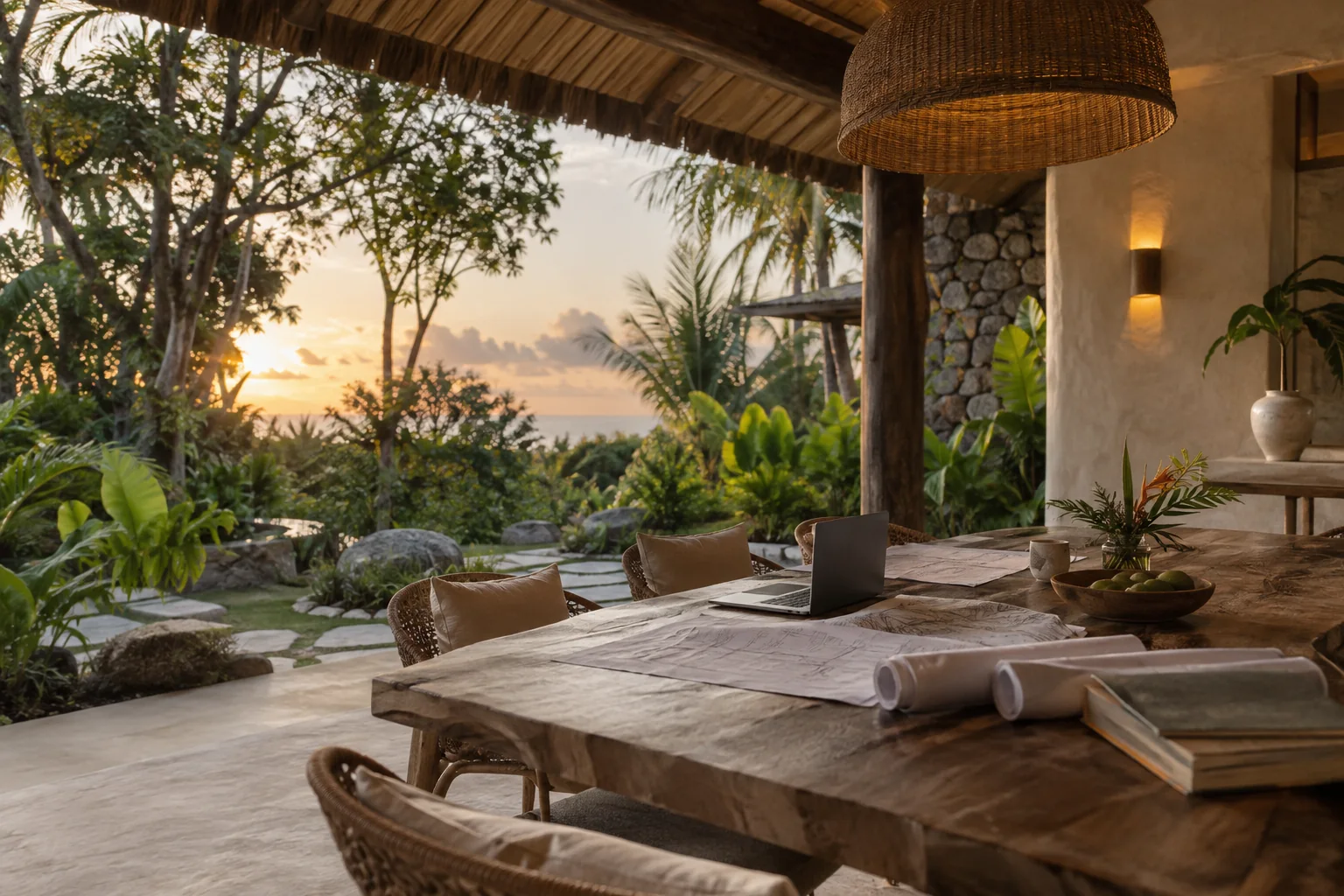 A quiet planning or meeting space overlooking a different tropical garden