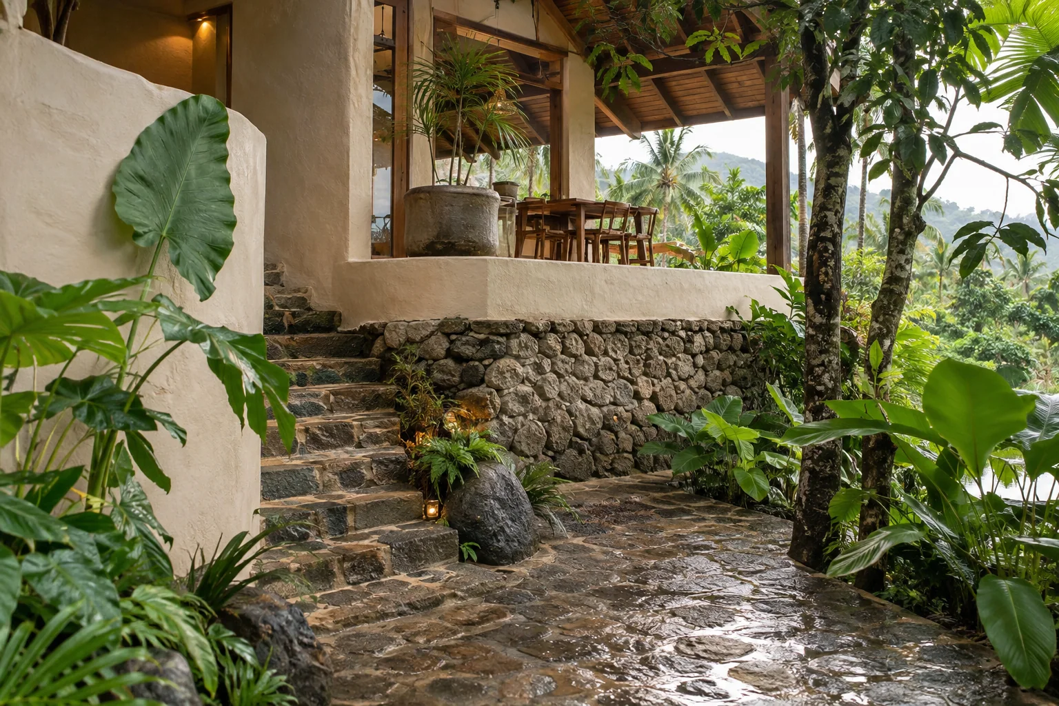 A tactile architectural detail combining local stone, timber and tropical planting