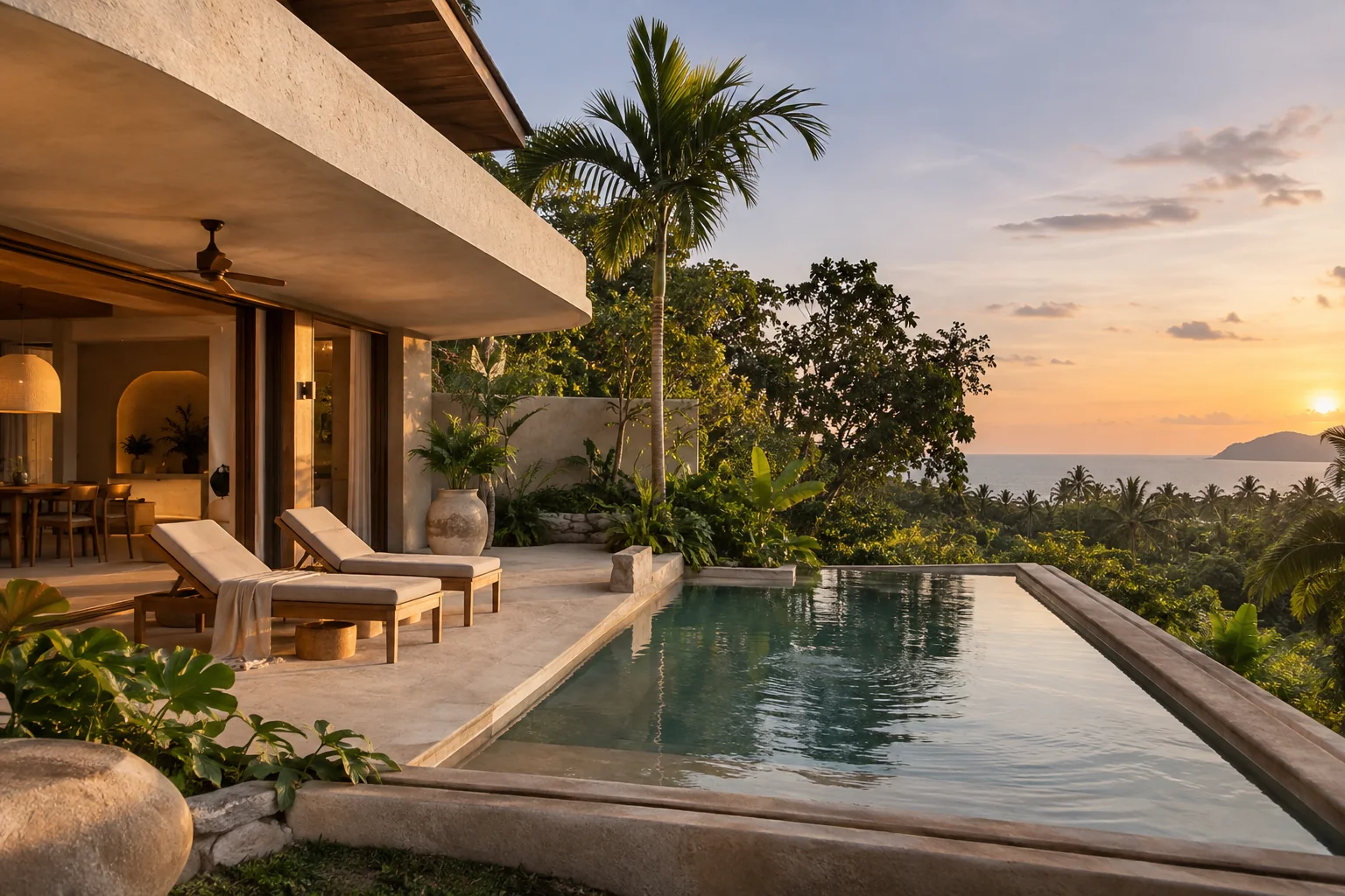 An original tropical villa and garden scene for the brand story