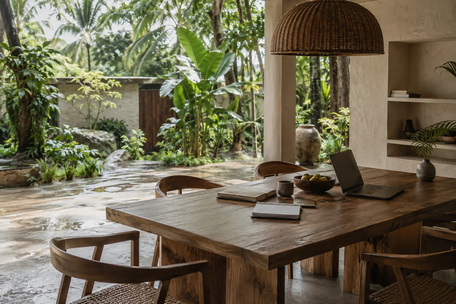 A quiet planning or meeting space overlooking a different tropical garden