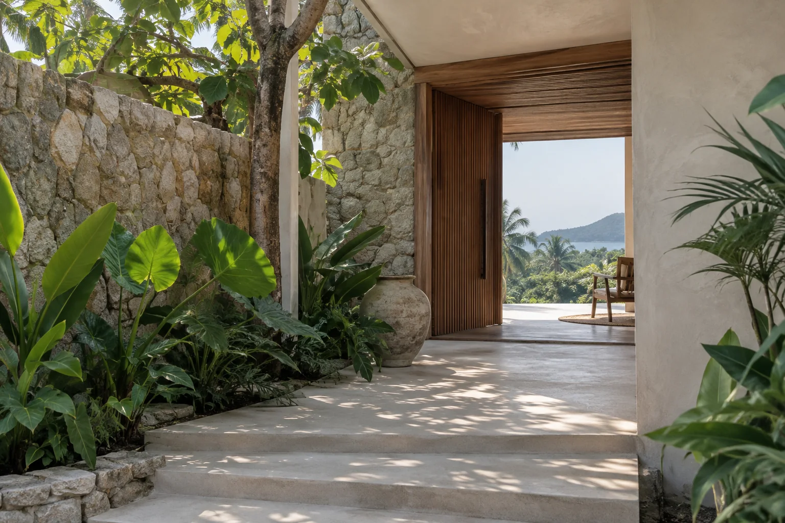 A tactile architectural detail combining local stone, timber and tropical planting