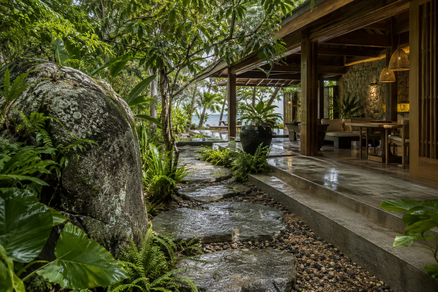 An original tropical villa and garden scene for the brand story