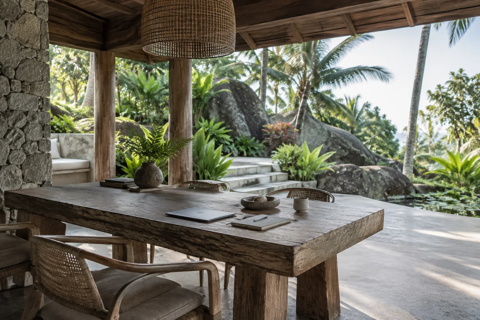 A quiet planning or meeting space overlooking a different tropical garden
