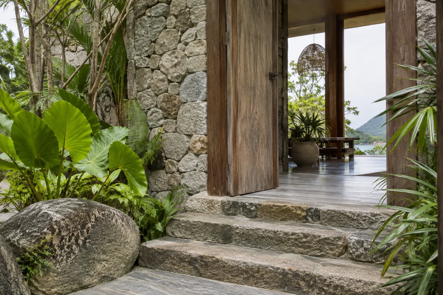 A tactile architectural detail combining local stone, timber and tropical planting