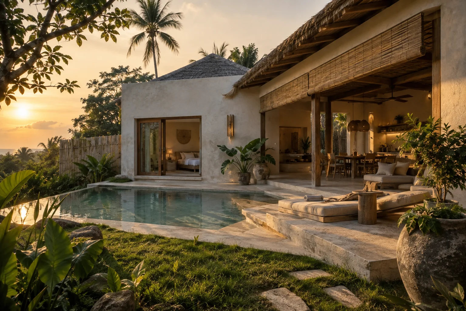 The exterior of one distinct tropical villa, with its garden and shaded outdoor space