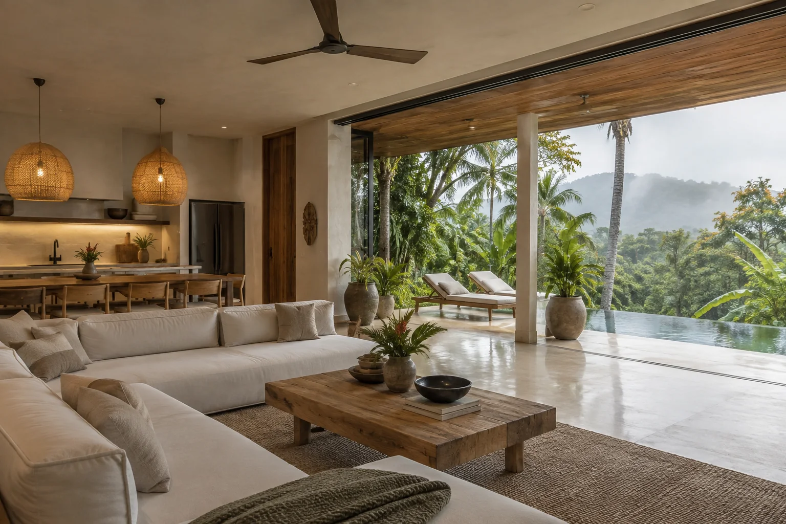 The main living space of the same villa, preserving its materials and architectural style