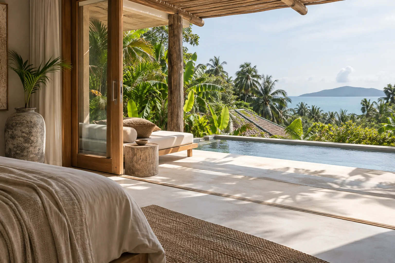 A different room or terrace of the same villa, with consistent materials and openings