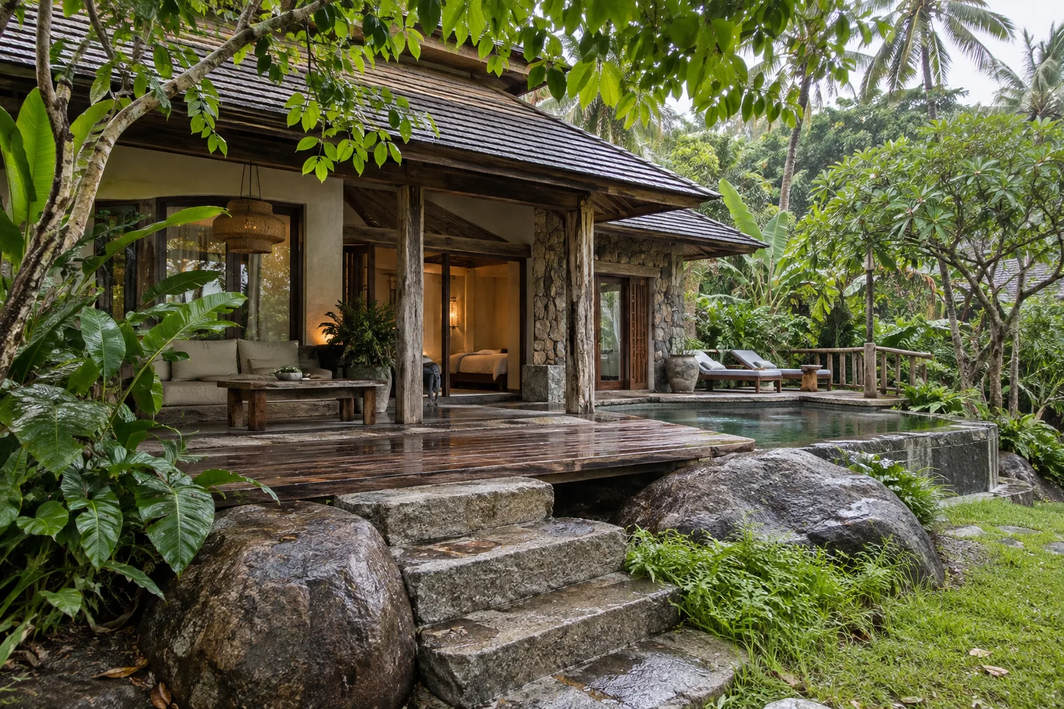 The exterior of one distinct tropical villa, with its garden and shaded outdoor space