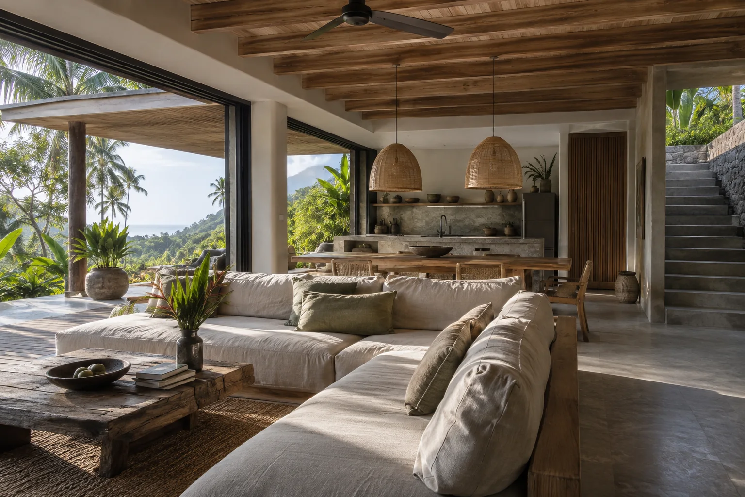 The main living space of the same villa, preserving its materials and architectural style
