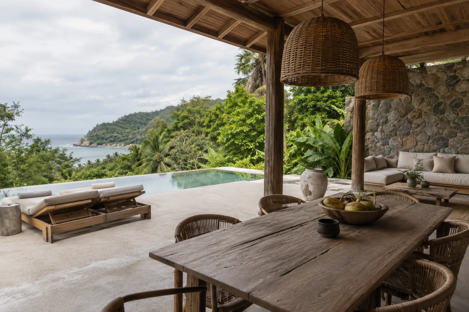 A different room or terrace of the same villa, with consistent materials and openings