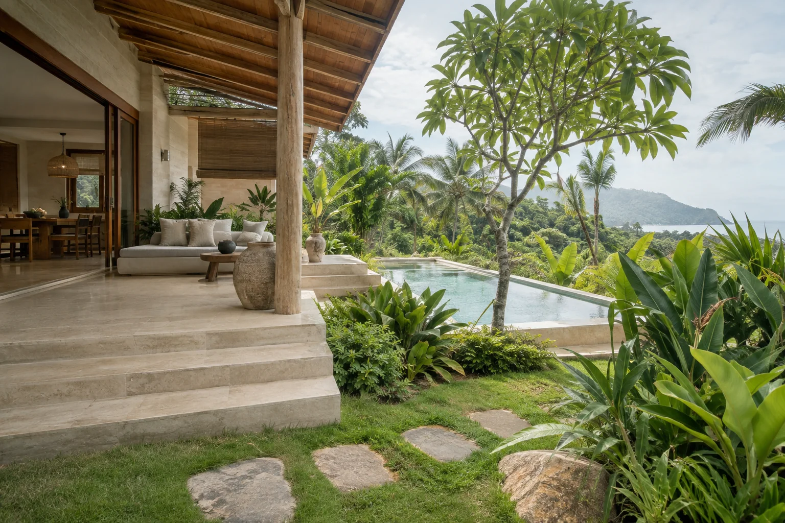 An original tropical villa and garden scene for the brand story