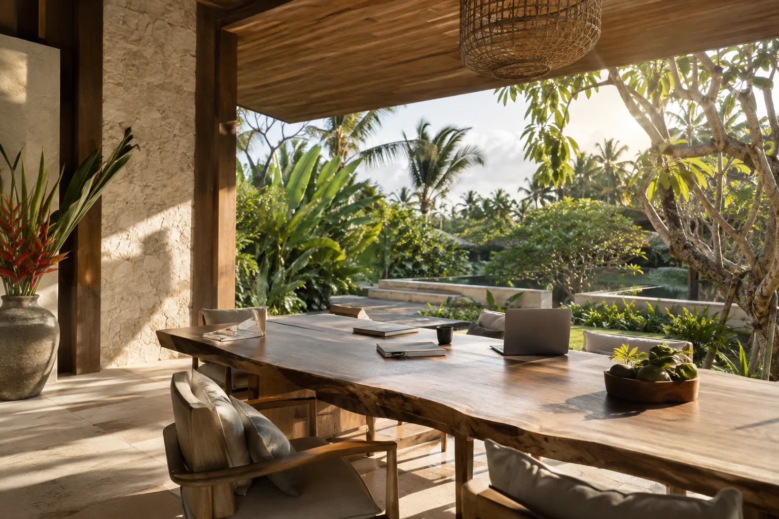 A quiet planning or meeting space overlooking a different tropical garden