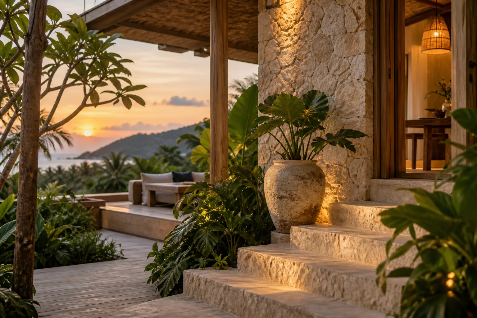 A tactile architectural detail combining local stone, timber and tropical planting