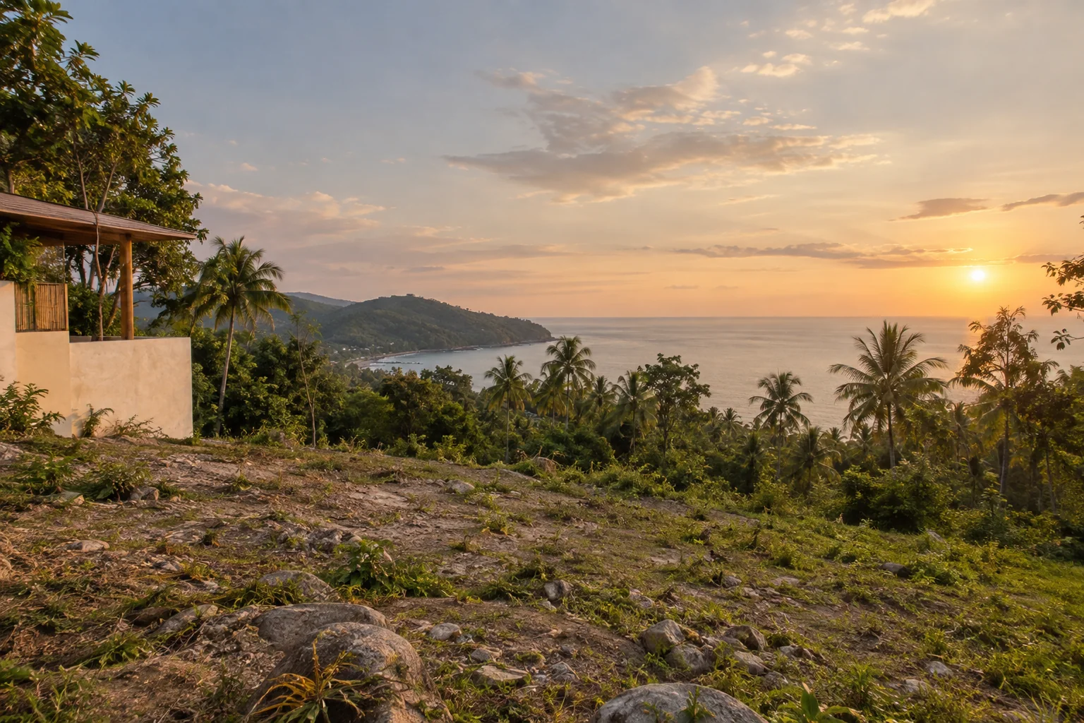 A broad view of a distinct undeveloped tropical parcel, its terrain and natural planting