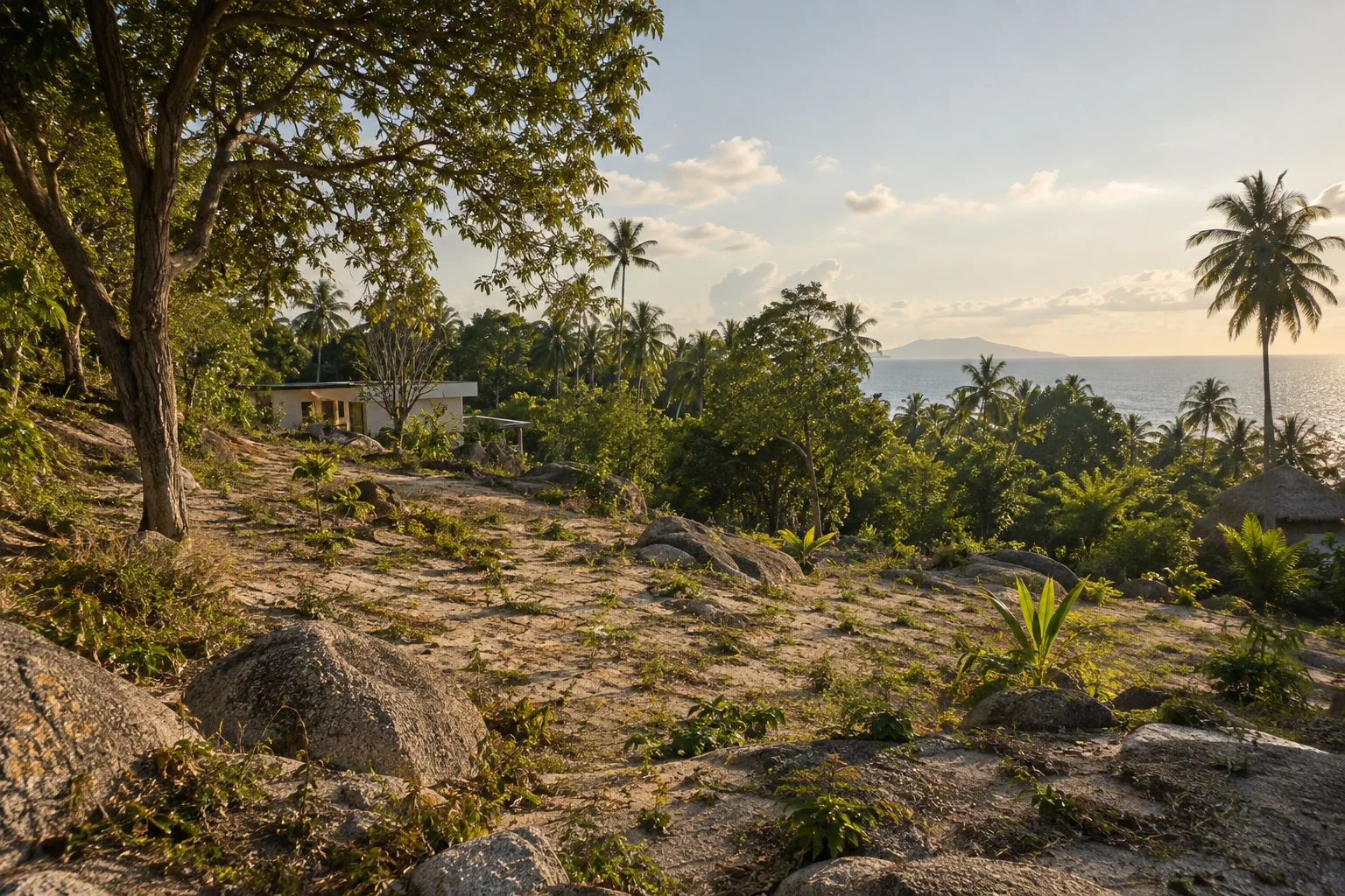 A broad view of a distinct undeveloped tropical parcel, its terrain and natural planting