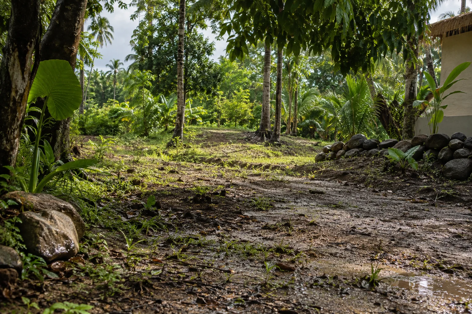 A ground-level view of the parcel showing soil texture, vegetation and natural drainage