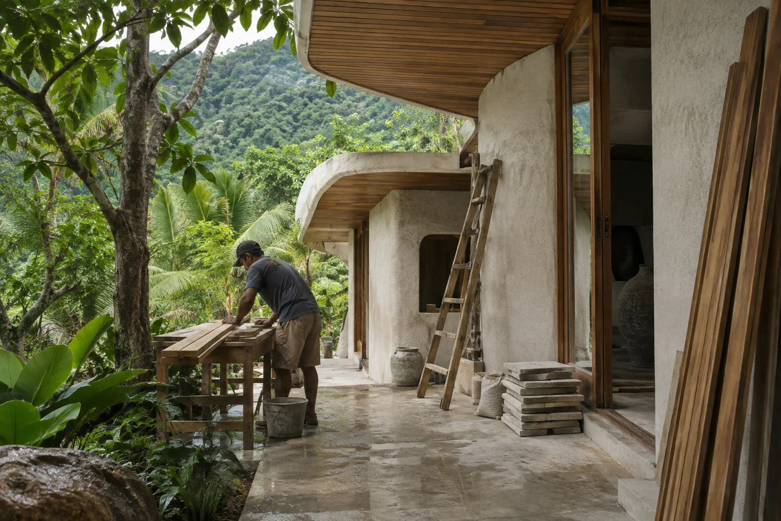 A closer view of the relevant construction or planning activity, with orderly materials and safe work conditions