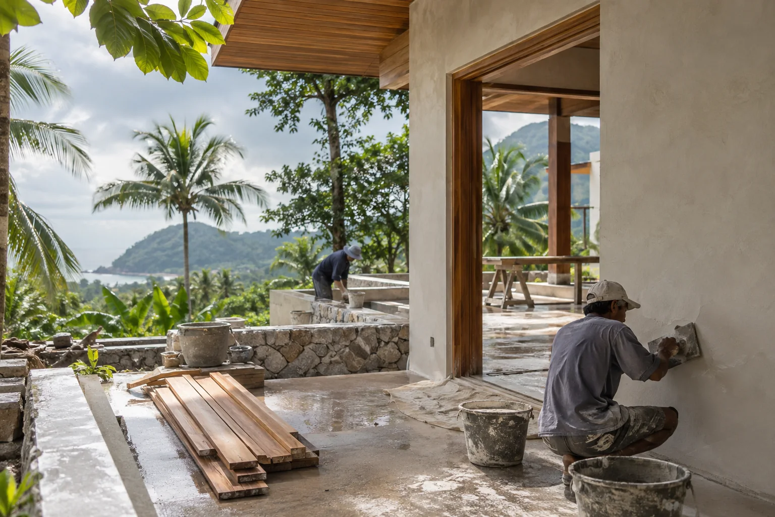 A closer view of the relevant construction or planning activity, with orderly materials and safe work conditions