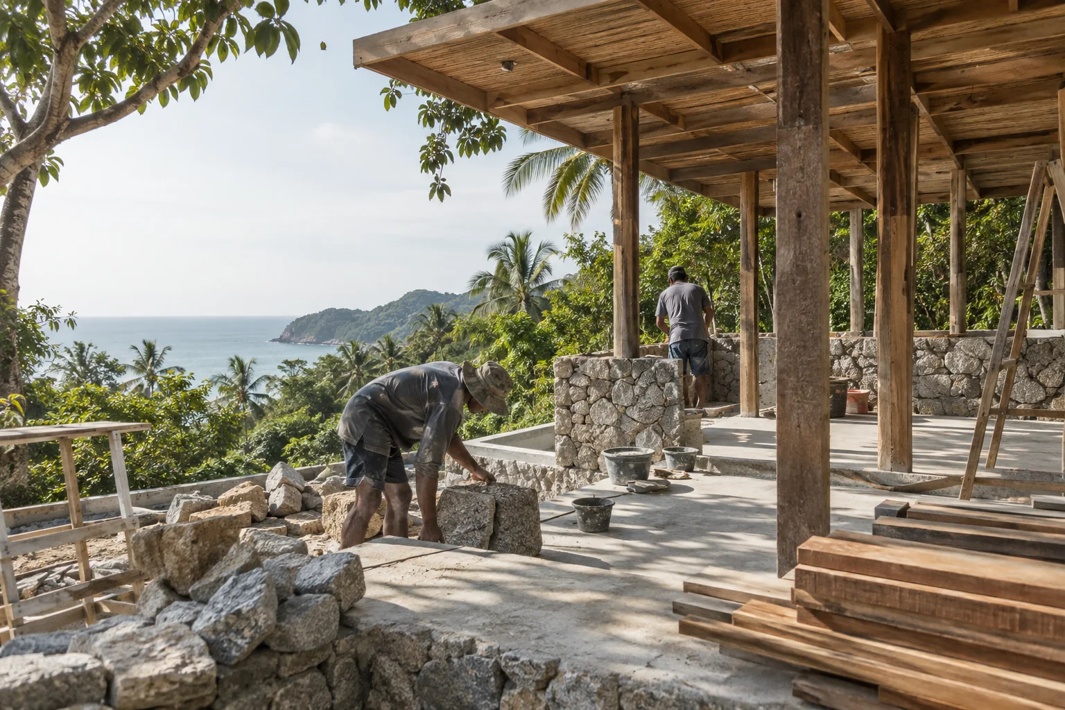 A closer view of the relevant construction or planning activity, with orderly materials and safe work conditions
