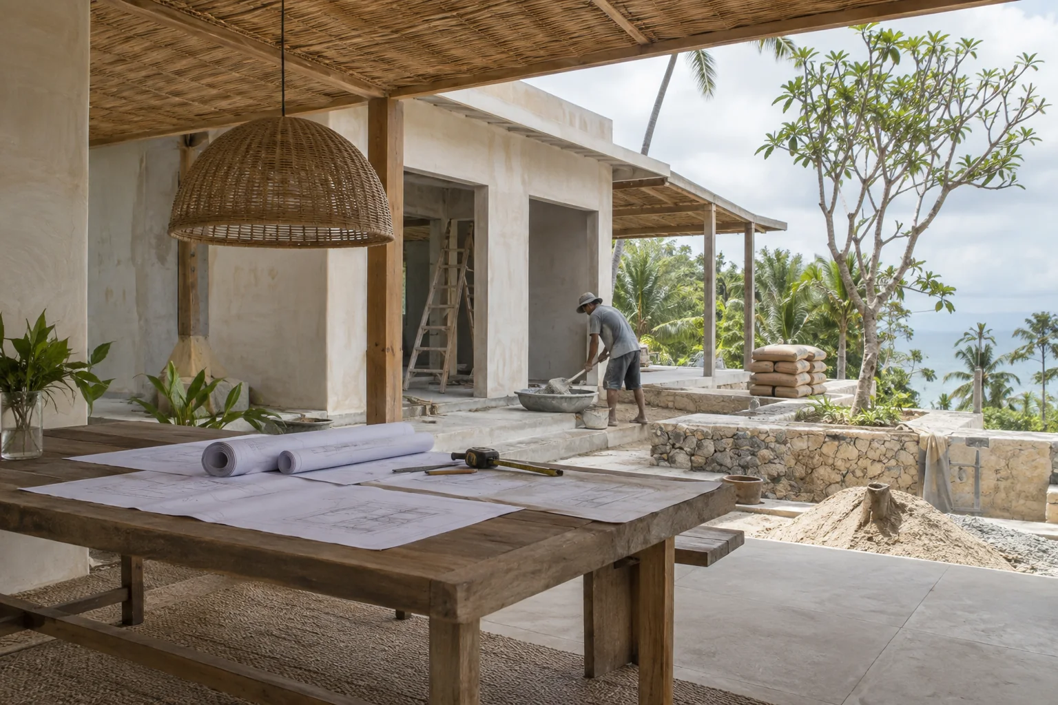 A closer view of the relevant construction or planning activity, with orderly materials and safe work conditions