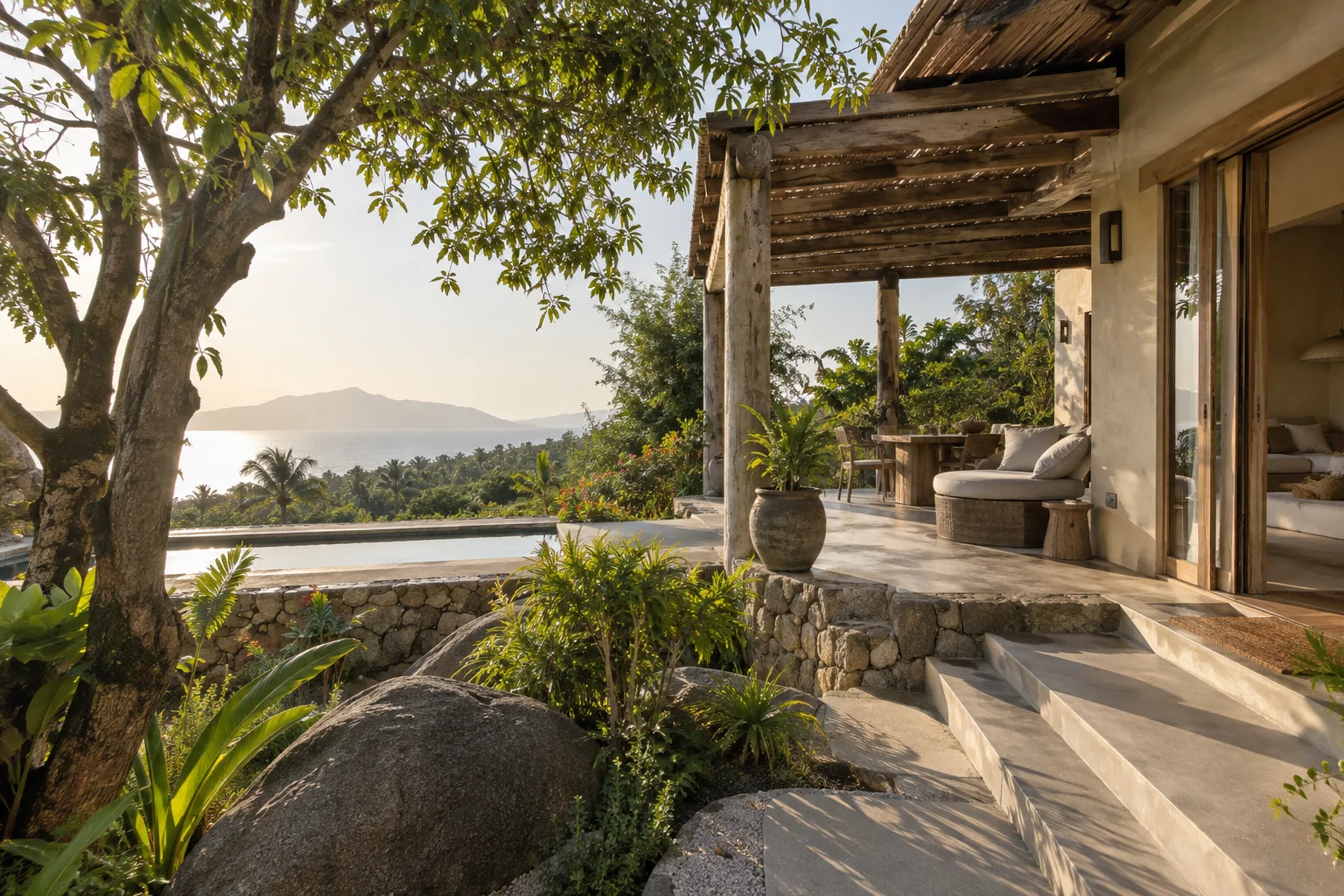 The exterior of one distinct tropical villa, with its garden and shaded outdoor space