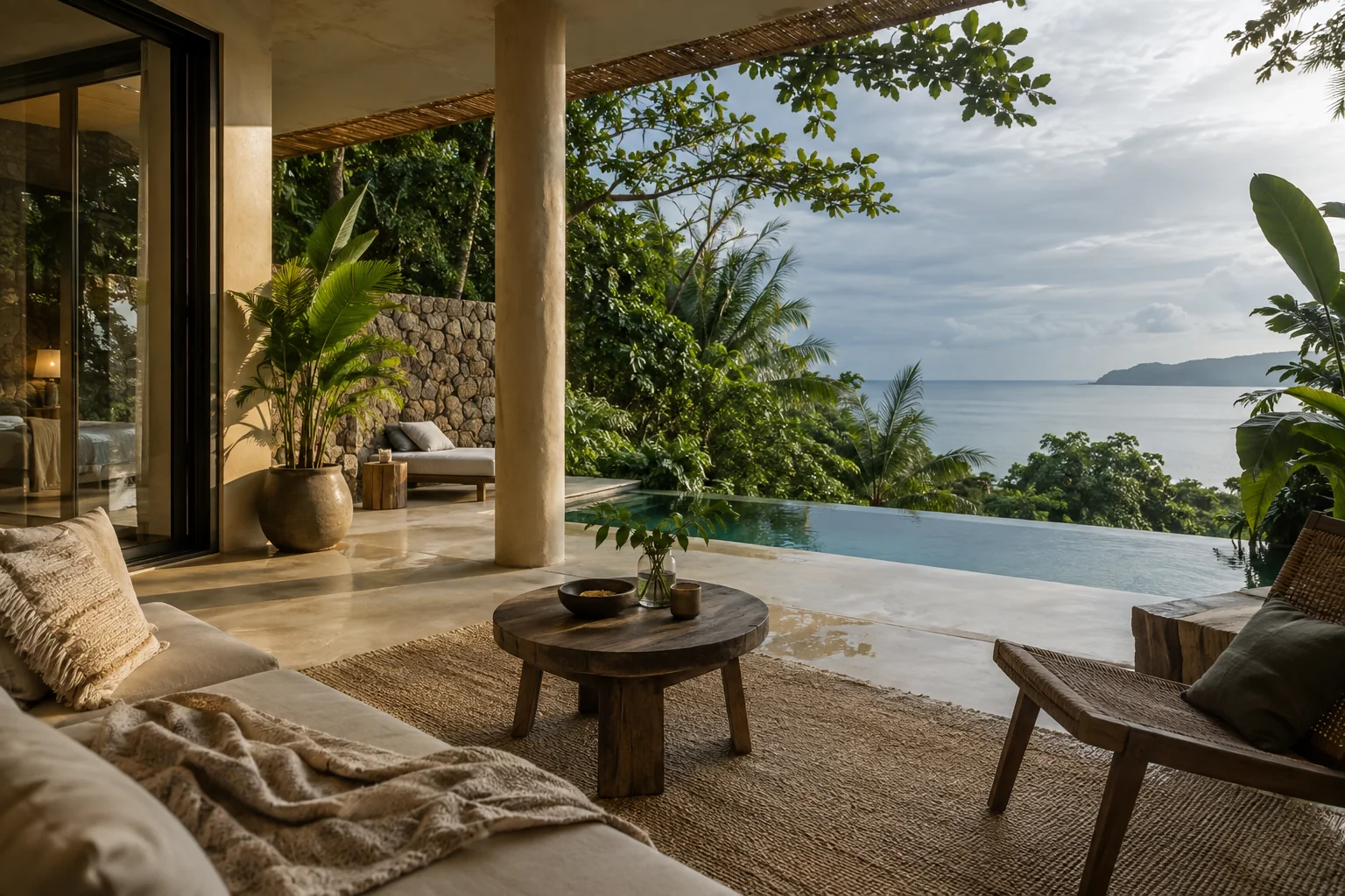 A different room or terrace of the same villa, with consistent materials and openings