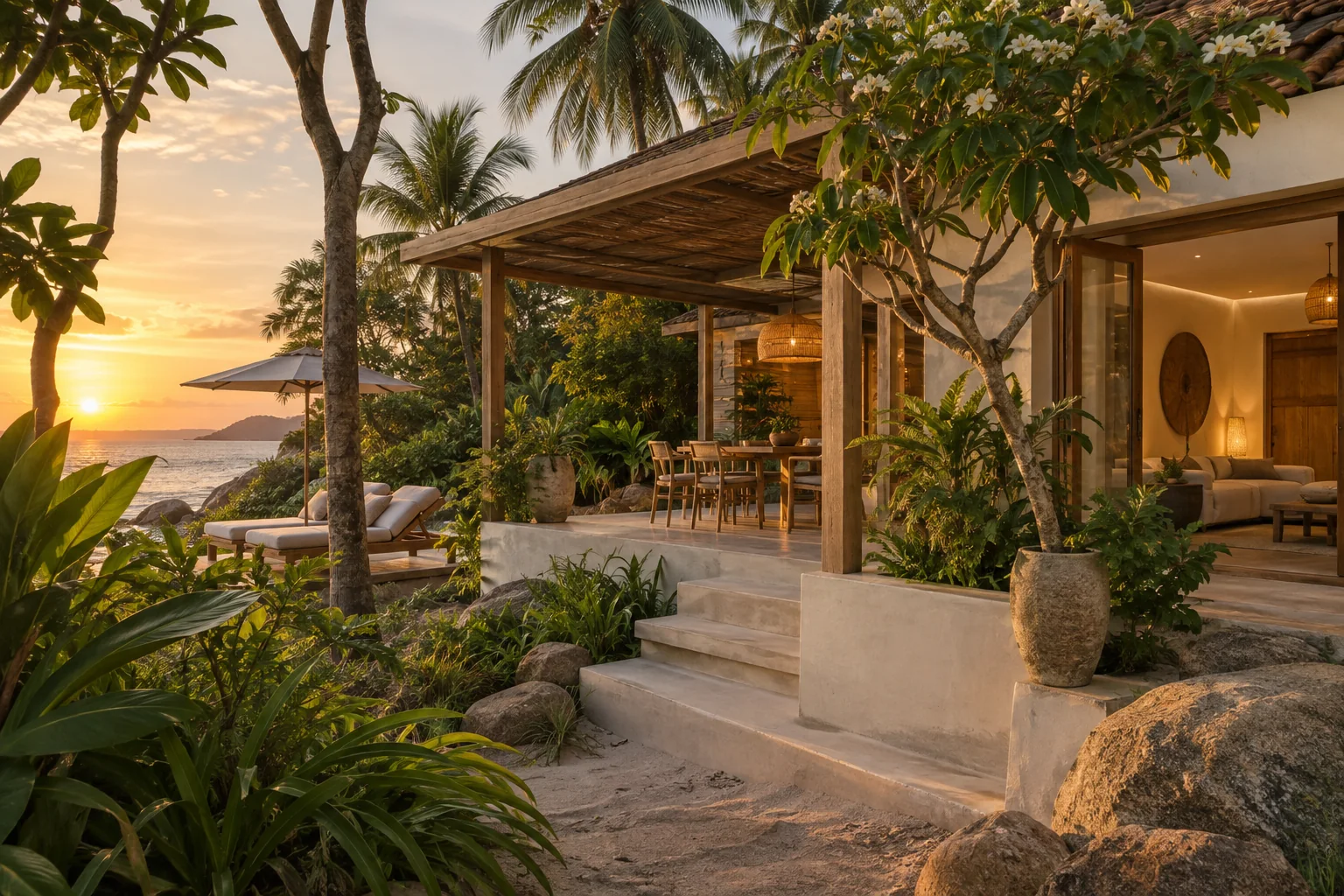 The exterior of one distinct tropical villa, with its garden and shaded outdoor space
