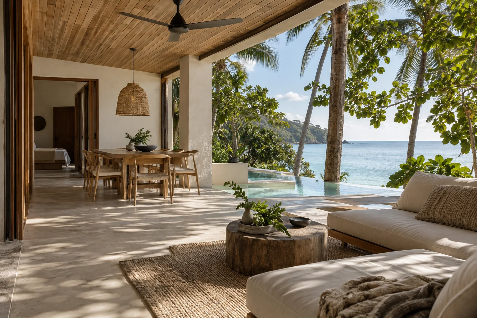 A different room or terrace of the same villa, with consistent materials and openings