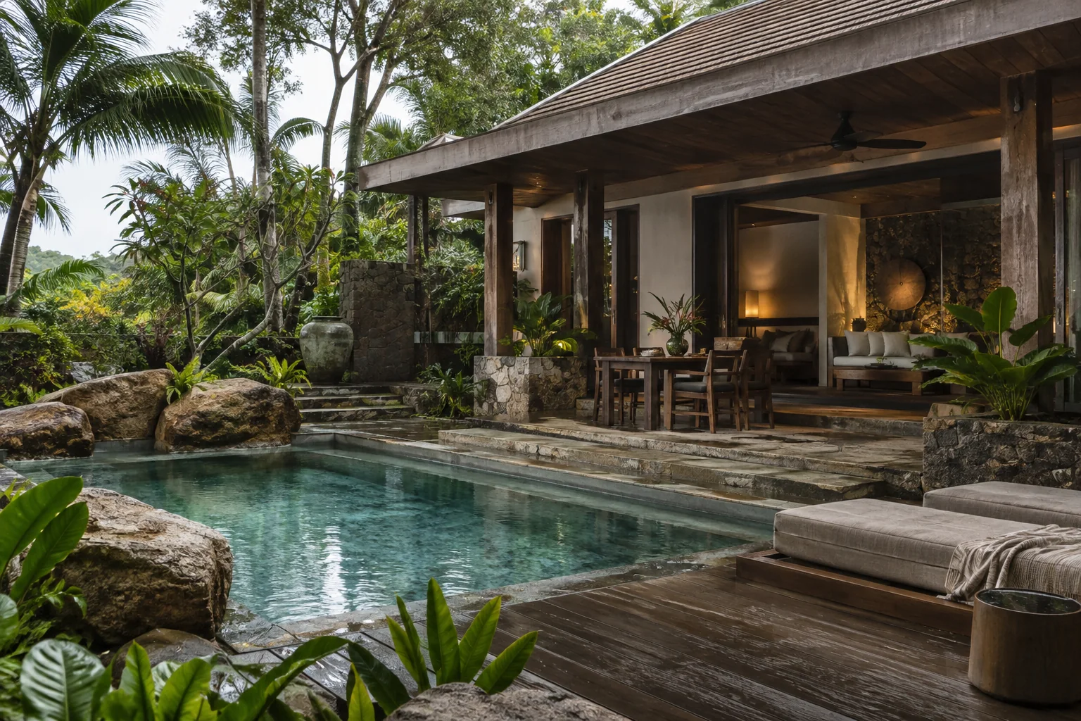 The exterior of one distinct tropical villa, with its garden and shaded outdoor space