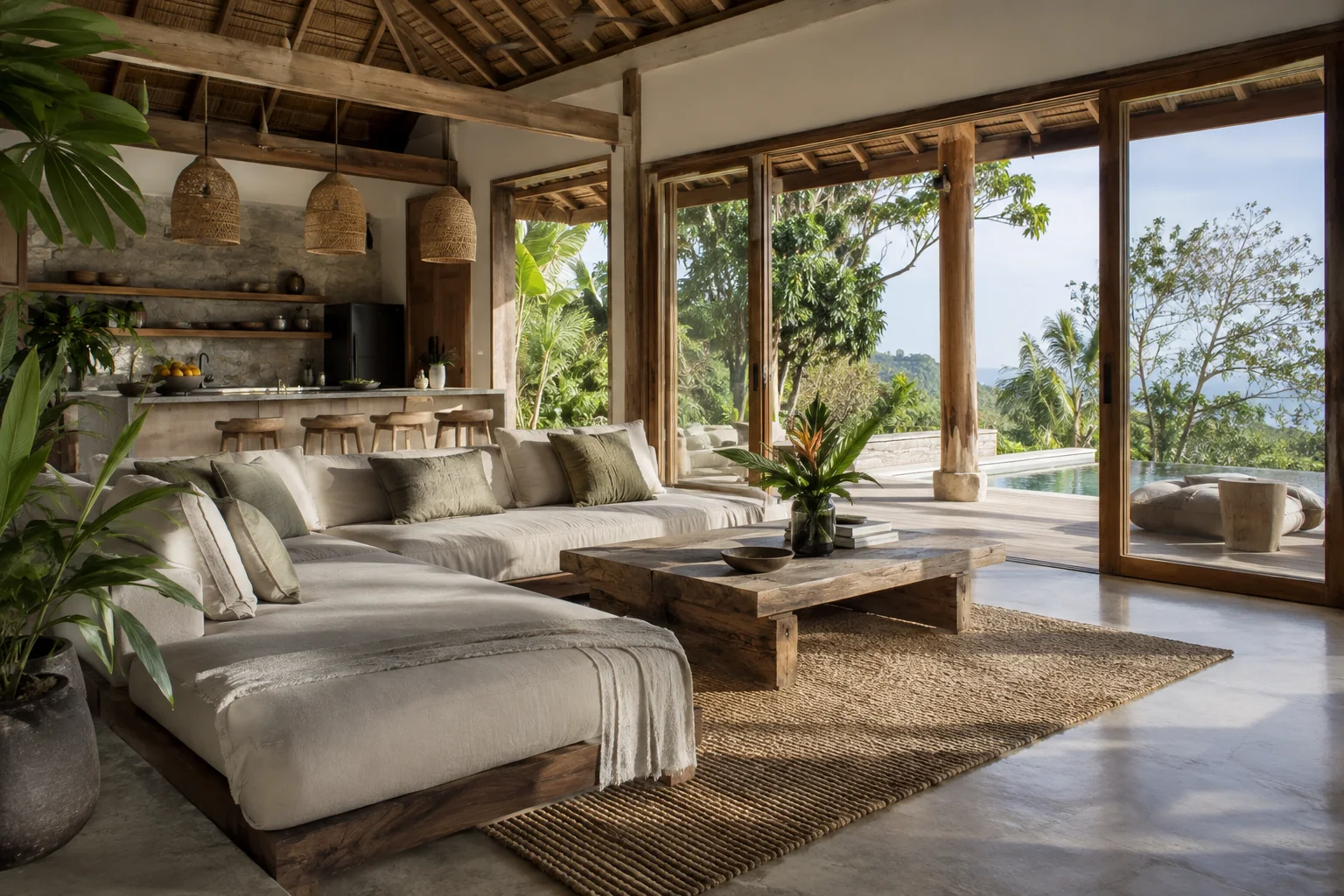 The main living space of the same villa, preserving its materials and architectural style