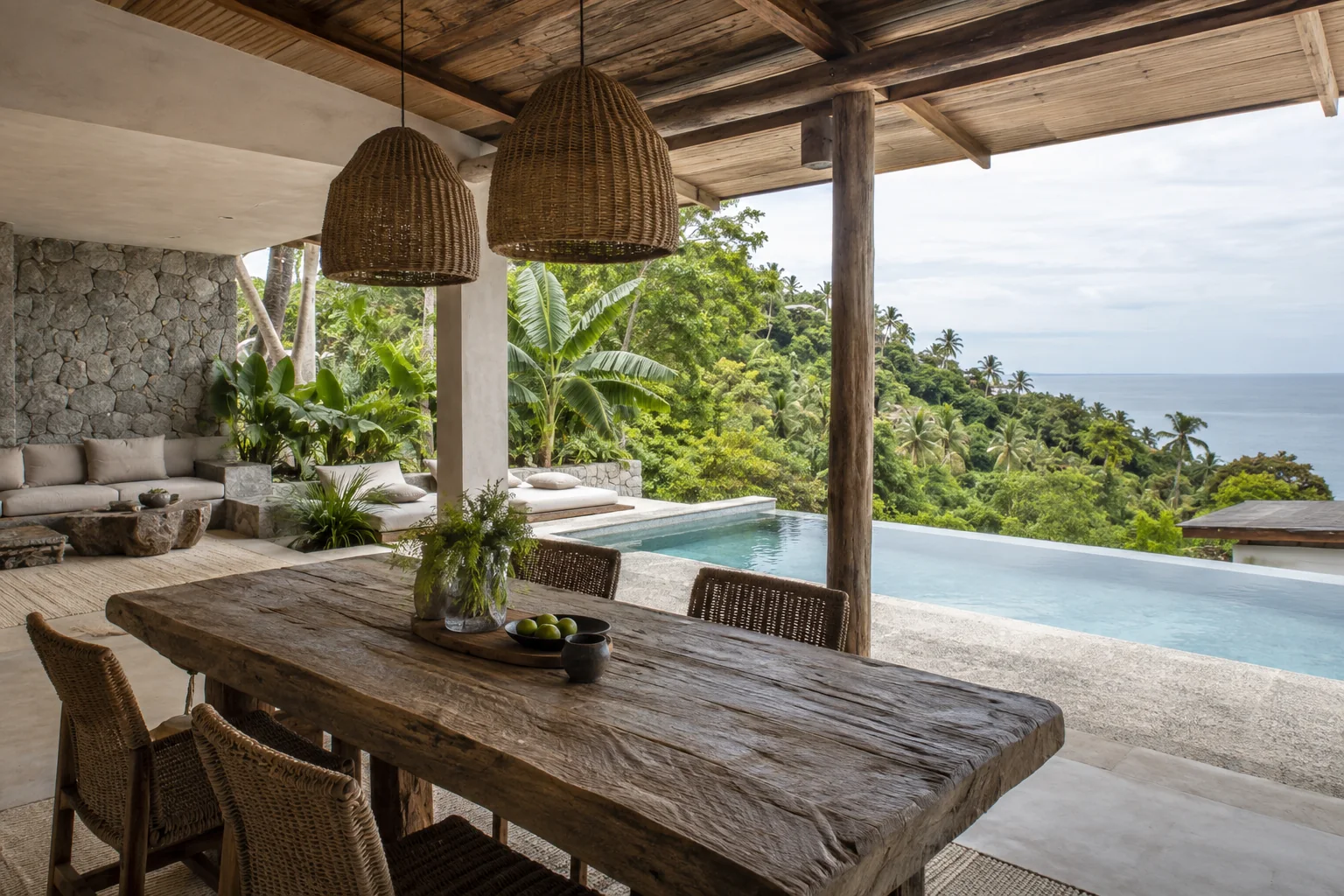 A different room or terrace of the same villa, with consistent materials and openings