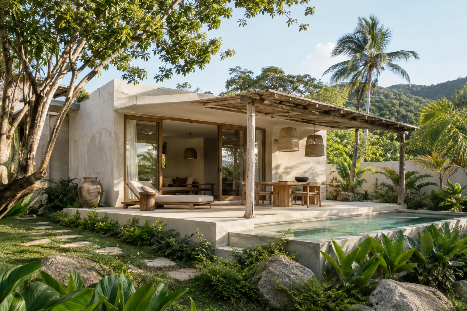The exterior of one distinct tropical villa, with its garden and shaded outdoor space