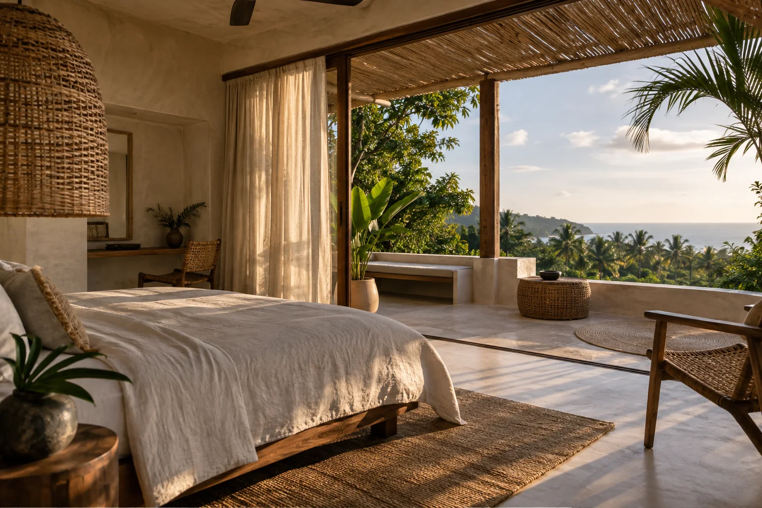 A different room or terrace of the same villa, with consistent materials and openings