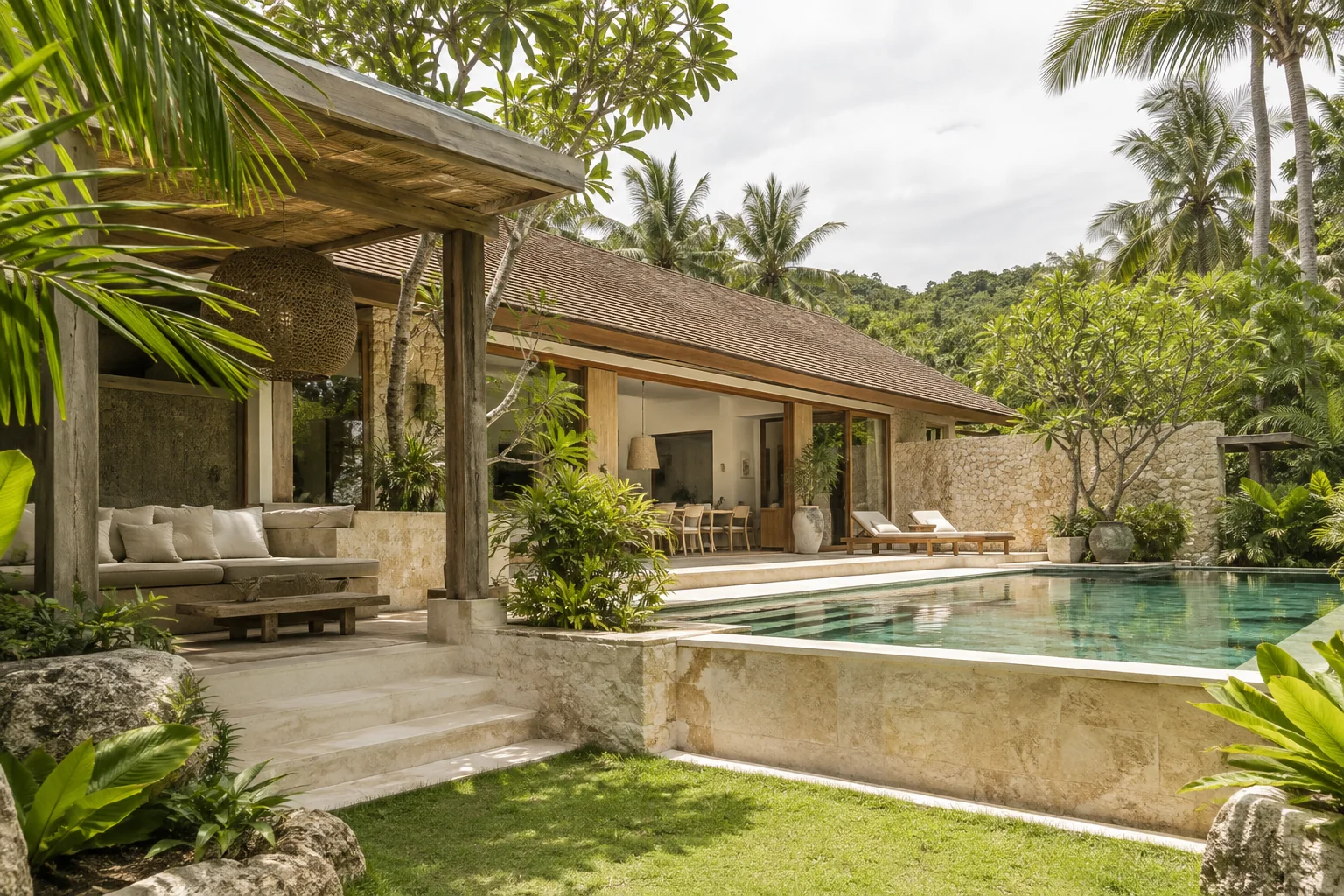 The exterior of one distinct tropical villa, with its garden and shaded outdoor space
