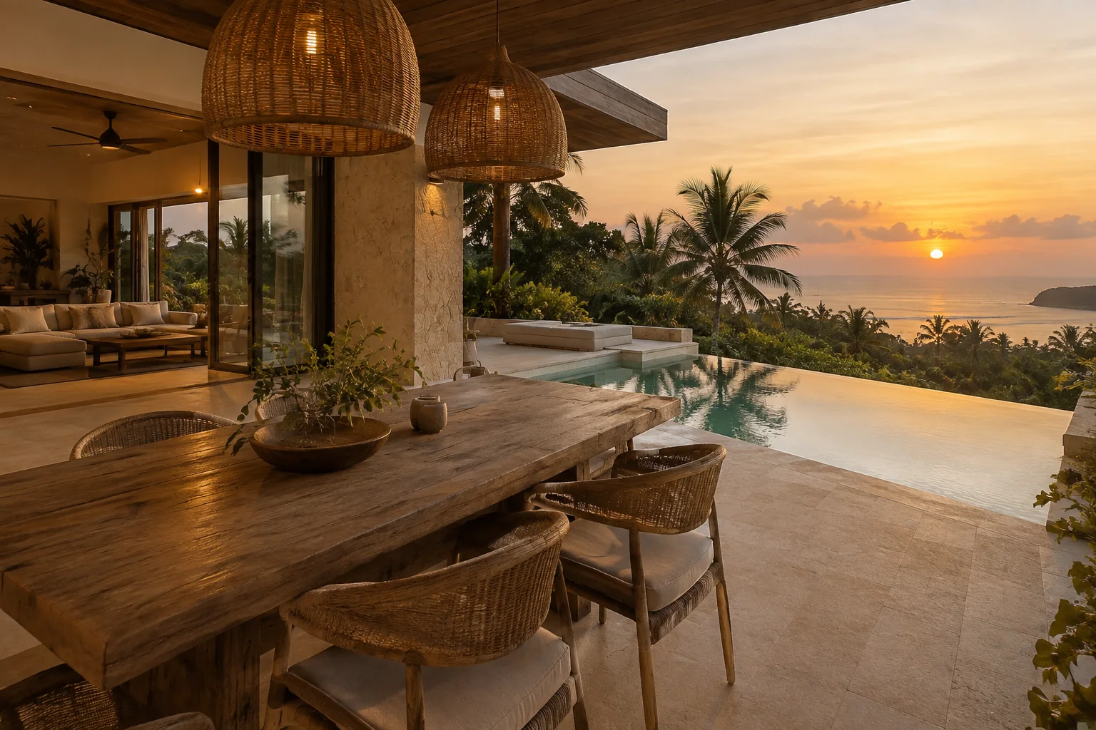 A different room or terrace of the same villa, with consistent materials and openings