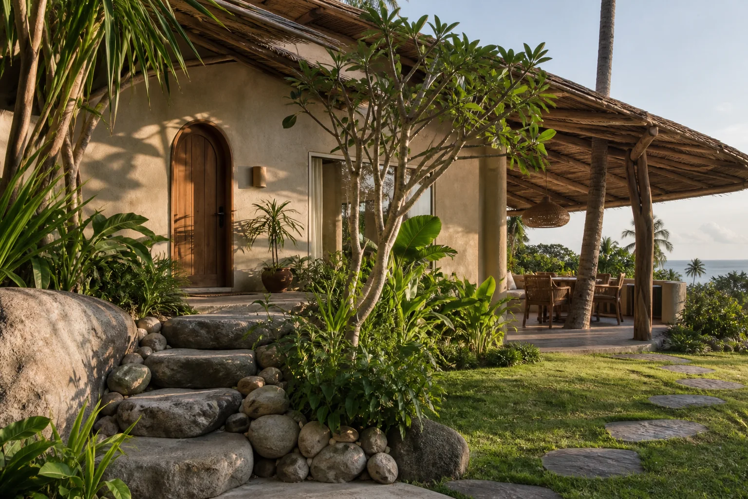 The exterior of one distinct tropical villa, with its garden and shaded outdoor space