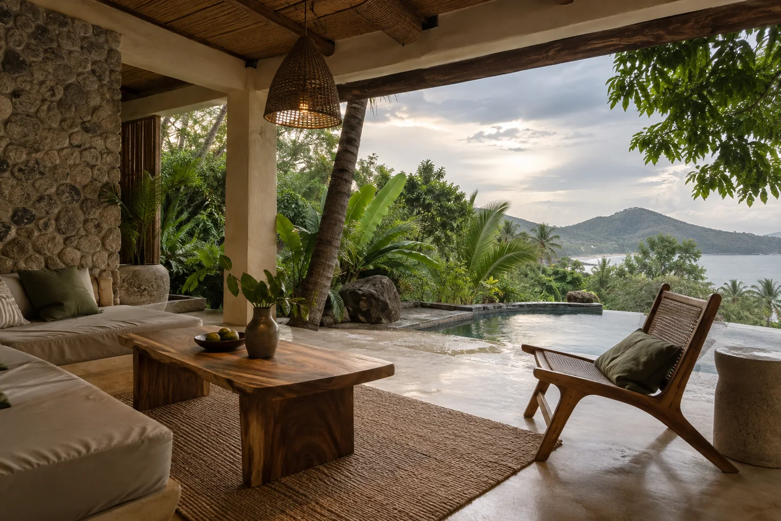A different room or terrace of the same villa, with consistent materials and openings