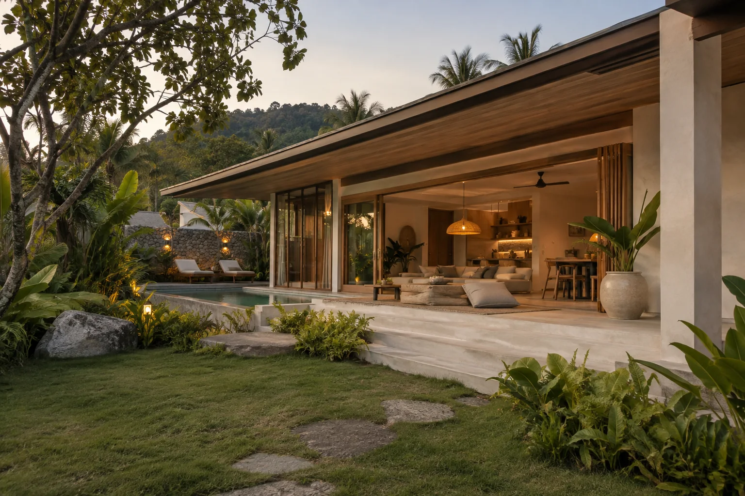 The exterior of one distinct tropical villa, with its garden and shaded outdoor space