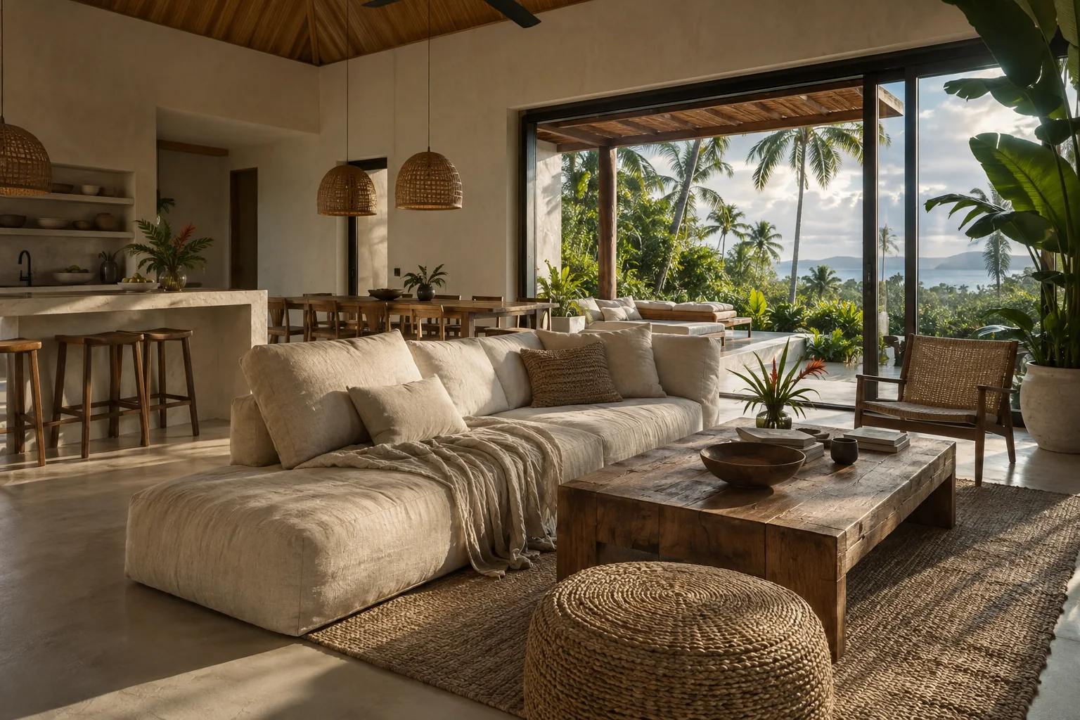 The main living space of the same villa, preserving its materials and architectural style