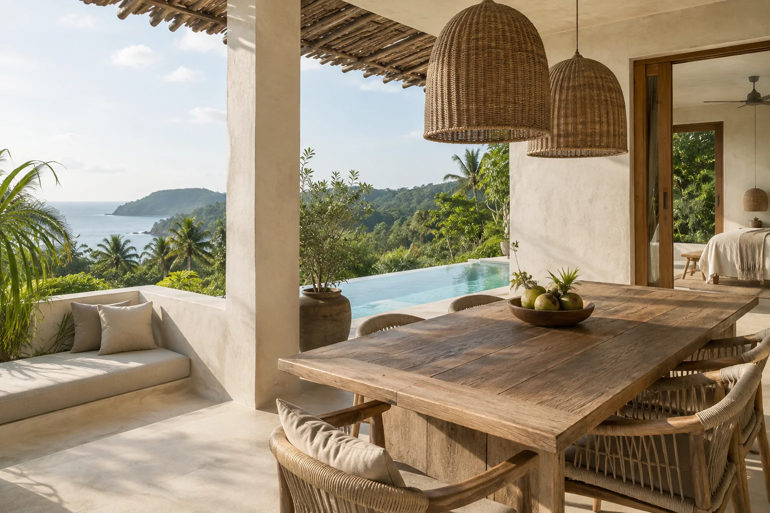 A different room or terrace of the same villa, with consistent materials and openings