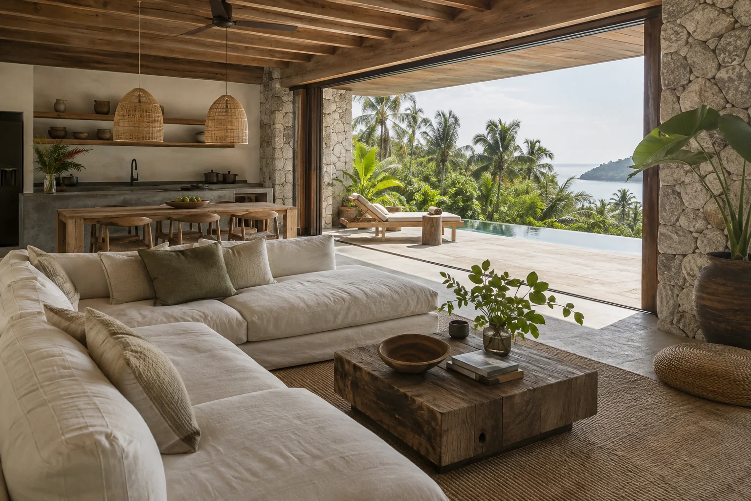The main living space of the same villa, preserving its materials and architectural style
