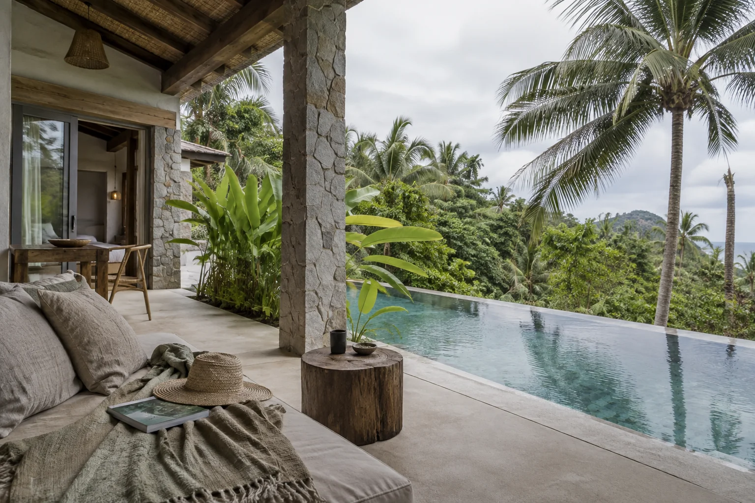 A different room or terrace of the same villa, with consistent materials and openings
