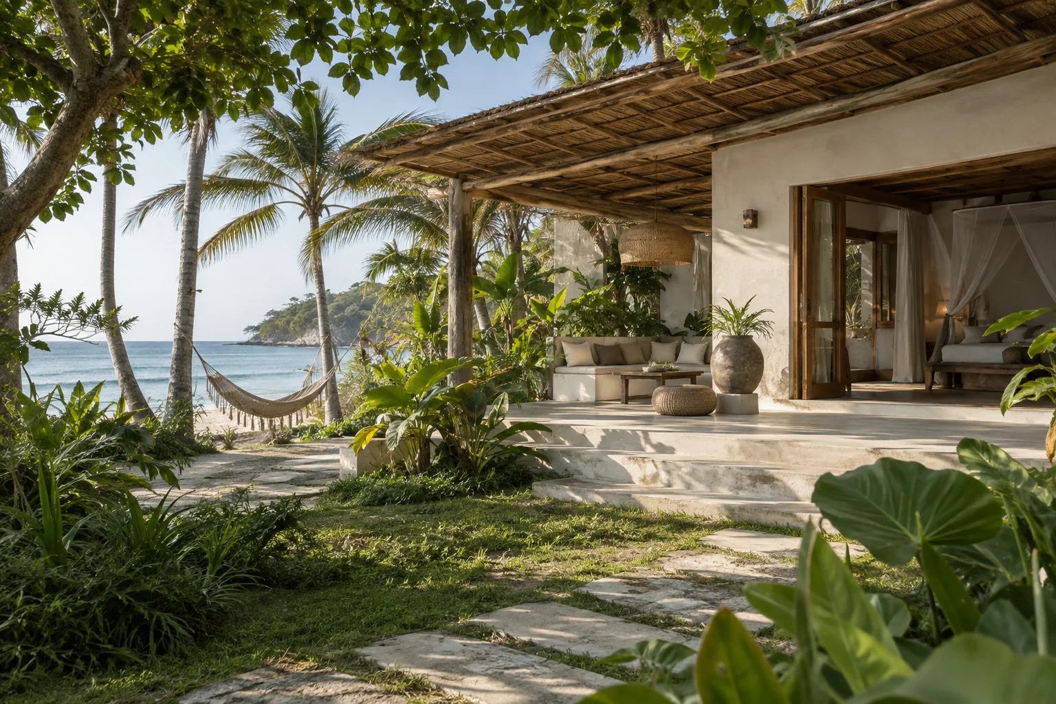 The exterior of one distinct tropical villa, with its garden and shaded outdoor space