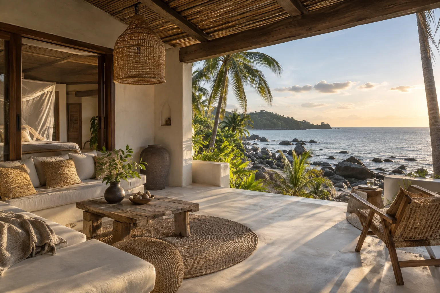 A different room or terrace of the same villa, with consistent materials and openings