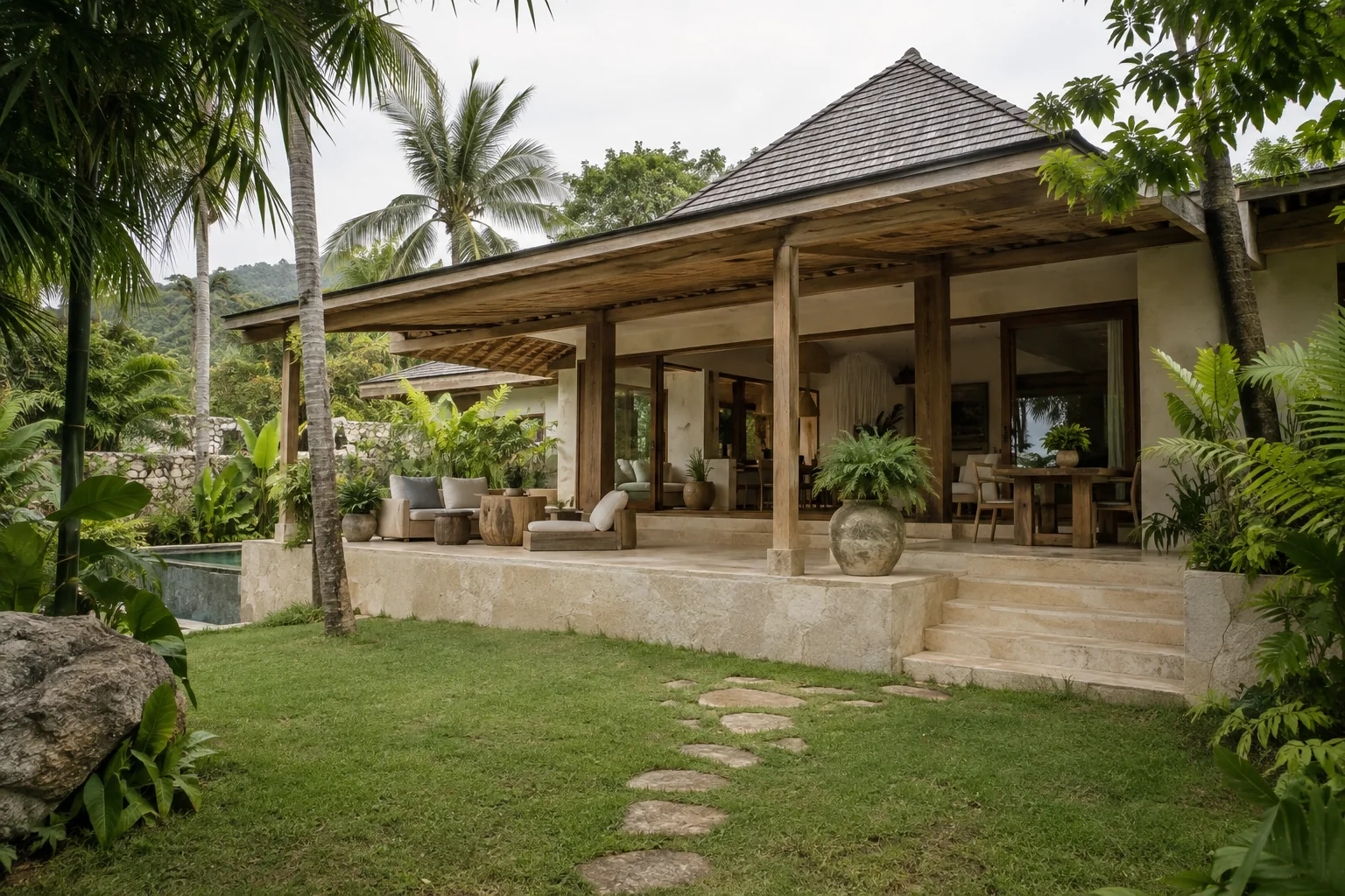 The exterior of one distinct tropical villa, with its garden and shaded outdoor space