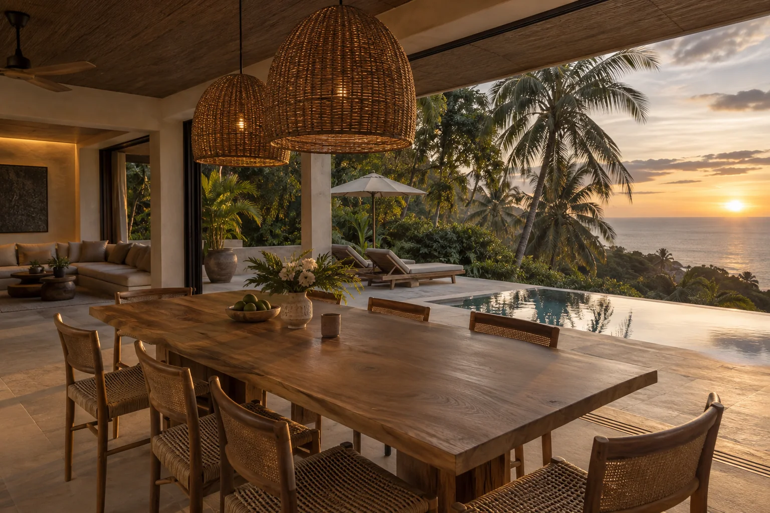 A different room or terrace of the same villa, with consistent materials and openings