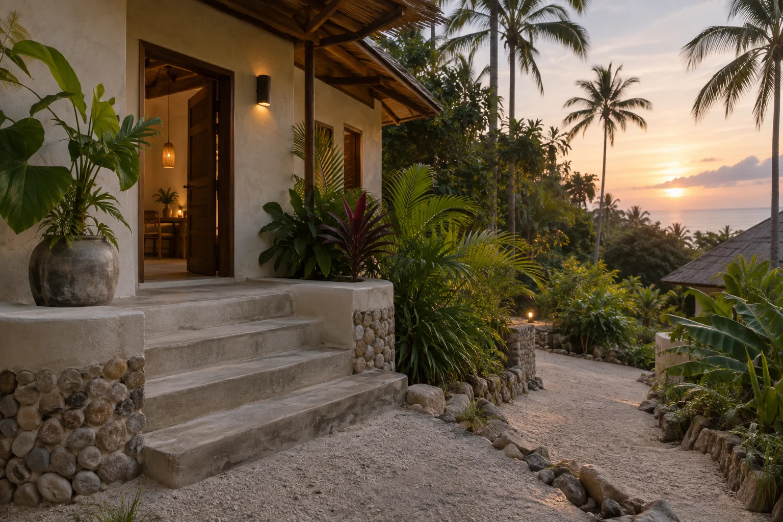 Modern tropical villa exterior and landscaped approach, Koh Phangan