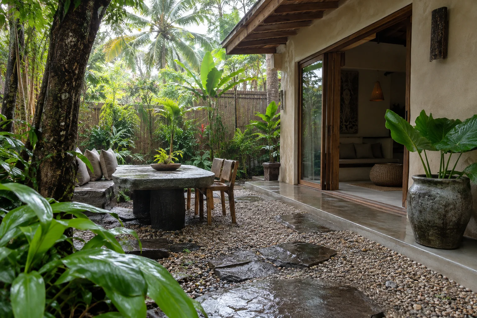 Private villa terrace with outdoor dining and tropical garden