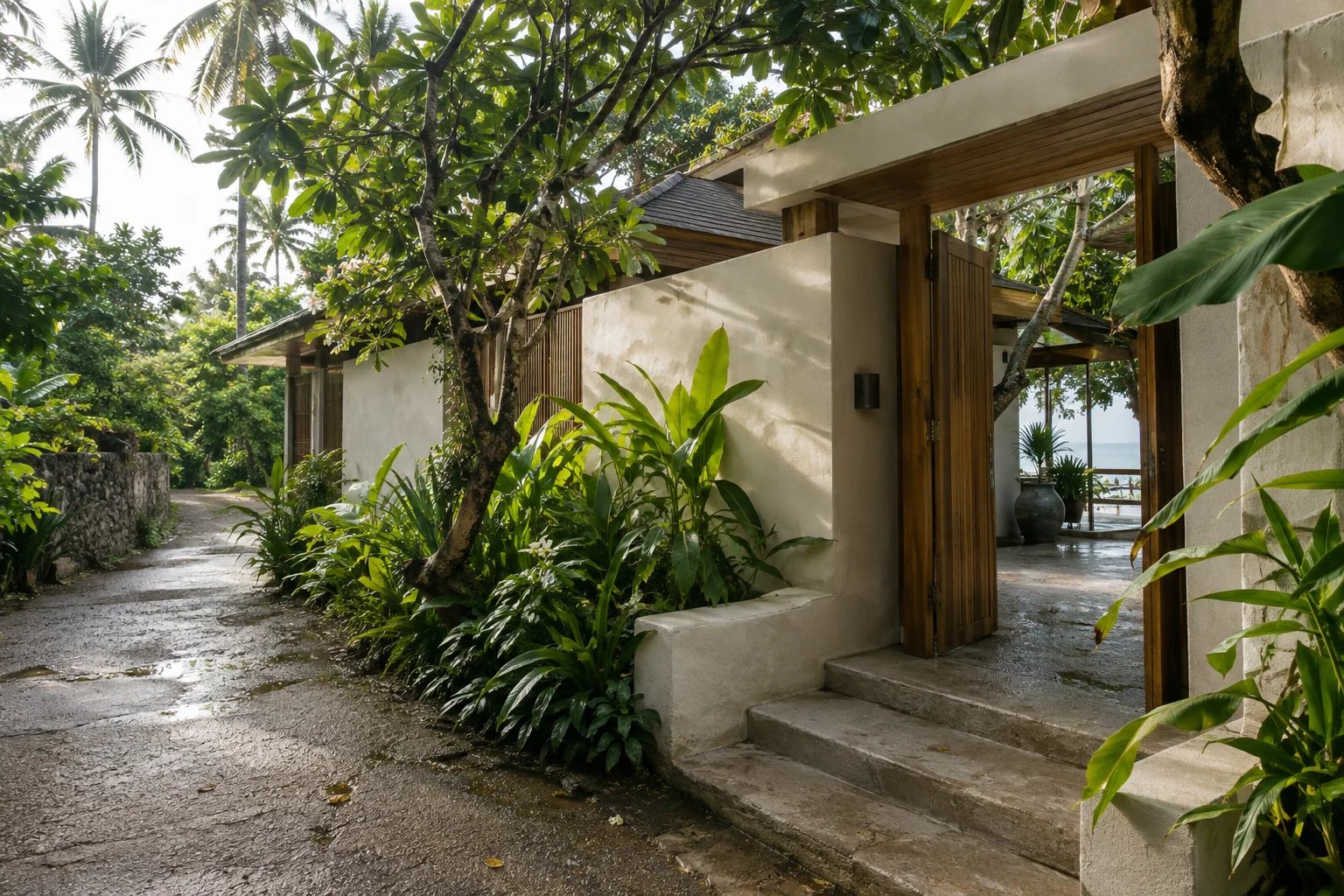 Modern tropical villa exterior and landscaped approach, Koh Phangan